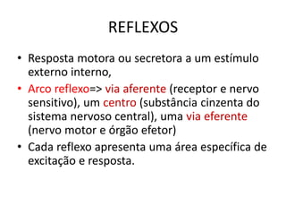 REFLEXOS
• Resposta motora ou secretora a um estímulo
externo interno,
• Arco reflexo=> via aferente (receptor e nervo
sensitivo), um centro (substância cinzenta do
sistema nervoso central), uma via eferente
(nervo motor e órgão efetor)
• Cada reflexo apresenta uma área específica de
excitação e resposta.
 
