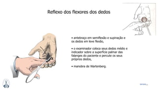 24MFMM
• antebraço em semiflexão e supinação e
os dedos em leve flexão,
• o examinador coloca seus dedos médio e
indicador sobre a superfície palmar das
falanges do paciente e percute os seus
próprios dedos,
• manobra de Wartenberg.
Reflexo dos flexores dos dedos
 