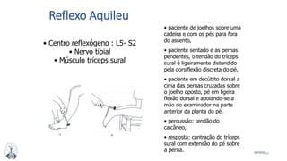 33MFMM
Reflexo Aquileu
• Centro reflexógeno : L5- S2
• Nervo tibial
• Músculo tríceps sural
• paciente de joelhos sobre uma
cadeira e com os pés para fora
do assento,
• paciente sentado e as pernas
pendentes, o tendão do tríceps
sural é ligeiramente distendido
pela dorsiflexão discreta do pé,
• paciente em decúbito dorsal a
cima das pernas cruzadas sobre
o joelho oposto, pé em ligeira
flexão dorsal e apoiando-se a
mão do examinador na parte
anterior da planta do pé,
• percussão: tendão do
calcâneo,
• resposta: contração do tríceps
sural com extensão do pé sobre
a perna.
 