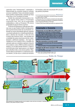 Internacional

     expressões como “transnacionais”, corporações e                                                da Amazônia, onde está concentrado 60% do esto-
     financeirização da economia tornam-se correntes                                                que genético do planeta.
     em nosso vocabulário. Trata-se do domínio mundial
     destes grandes conglomerados, expansão que lança                                                                                                                     Referências
     a base para a livre circulação de moeda.                                                       1. Consulta Popular. Imperialismo, o principal inimigo da humanida-
         O poder das corporações transnacionais se tra-                                             de, cartilha número 19, 2007.
                                                                                                    2. Dierckxsens, Win. El movimiento social ante la crisis del capitalis-
     duz da seguinte forma: dentre as 50 principais                                                 mo;América Latina hacia uma alternativa, in Imperialismo, Resistencia
     corporações hoje, 66% são de propriedade                                                       y Nueva Izquierda. RR Editores, El Salvador.
     estadunidense e, entre as 20 maiores, 70% são de                                               3. Gennari, Emílio. Base de dados para análise de conjuntura de 2010.
     propriedade do país do Norte (veja box).
         O discurso do liberalismo é aplicado para além-
     mar, uma vez que Estados Unidos e Europa persis-                                                 Corporações e Economia
     tem no protecionismo dentro de suas fronteiras, so-
                                                                                                      Transnacionais, nos anos 2000. 35% do PIB mundial.
     bretudo nos setores de produção agrícola, enquanto
                                                                                                          - Representam um poder de 5, 35 trilhão de dólares.
     o receituário aplicado era a venda do patrimônio pú-                                                 - 1990. 100 grupos, responsáveis por um terço do Investimento
     blico e abertura dos mercados. A Área de Livre                                                   Externo Direto (IED), 3,2 trilhões de dólares em ativos, com o comércio
     Comércio das Américas (Alca) – não assinada com                                                  aumentando entre Europa, Japão e EUA (de 13 para 17%); UNCTNC
     a totalidade dos países americanos devido a mani-                                                    - Nos EUA, US$ 1,9 trilhão, dívida das famílias e empresas
     festações e plebiscitos populares – deu lugar aos                                                (crédito ao consumidor, leasing)
     Tratados de Livre Comércio (TLC), assinados em                                                   Papel das corporações na economia mundial
     cada país, junto aos corredores regionais e áreas de                                                 - 50 principais corporações hoje, 66% são de propriedade
     livre comércio, como o IIRSA (confira na próxima                                                 estadunidense;
                                                                                                          - Entre as 20 maiores, 70% são de propriedade do país do Norte.
     matéria). Se em dado período histórico o objetivo
     era dividir para reinar, agora passou a ser integrar                                             Participação das 200 maiores corporações no PIB mundial:
     para subordinar todos a uma mesma política. Hoje,                                                     - 17% em 1965
                                                                                                          - 35% no final dos anos 1990.
     um dos objetivos prioritários é o controle dos recur-                                           Fonte: UNCTAD, citado em Chesnais, Mundialização do capital, 1996
     sos naturais. Um dos alvos o controle do território                                                   - PETRAS, James. DIERCKXSENS, Win, 2004 - PETRAS, James



                                                                                                                                                Linha do Tempo


                                                  1945. O dólar é adotado como                                                                                           1974-1975. Companhi-
1914. A econo-                                                                                                    1971.
                                                  moeda padrão no mundo intei-                                                                                           as multinacionais buscam
                                                                                                                  Mercado-
mia é lastreada                                   ro, a partir dos tratados de                                                                                           saída para queda crescen-
                                                                                                                  ria moeda desaparece
no padrão-ouro, que cumpria pa-                   Breton Woods. Inicia-se o perí-                                                                                        te da taxa de lucros. Au-
                                                                                                                  com o desmantelamento
pel de meio de pagamento, equi-                   odo de acúmulo do capitalismo, apro-                                                                                   mento da dívida externa
                                                                                                                  do sistema Bretton
valente geral e entesouramento.                   funda-se o Estado de Bem-Estar Soci-                                                                                   dos Estados da América do
                                                                                                                  Woods, substituída por
                                                  al na Europa e EUA, e o desenvolvi-                                                                                    Sul e África.
                                                                                                                  moeda de crédito.
                                                  mentismo na América Latina.




    1931. No Brasil, realizada audito-
     ria da dívida externa. O período                                                                                                                                      1990. Capitais circulam com
              foi caracterizado pelo                                                                                                                                       facilidade no Brasil, atraídos
              início da industrialização.                                                                            1973. Choque dos                                      pelas altas taxas de juros, dí-
                                                                                                                        preços do petró-                                   vida pública interna
                                                                                1969. Ofensiva                             leo, controla-                                  aumenta.
                                                               do mercado especulativo con-                                dos pelos paí-
                                                               tra a libra esterlina.                                      ses integrados
                                                                                                                           a Opep.
                                                                                                                                                           1980. EUA aumentam os ju-
                                                                                                                                                           ros. O dólar, por ser moeda
                                                                                                                                                              internacional, endividou
                                                                                                                                                               ainda mais os países peri-
                                                                                                                                                                féricos.

     Fonte: Dierckxsens, Win. El movimiento social ante la crisis del capitalismo; América Latina hacia uma alternativa, in Imperialismo,
     Resistencia y Nueva Izquierda. RR Editores, El Salvador.


                                                                                                                                                      Reflexos da Privatização                   15
 