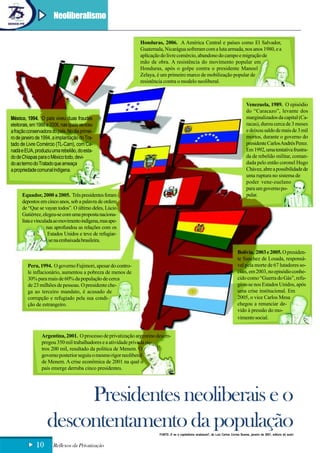 Neoliberalismo

                                                             Honduras, 2006. A América Central e países como El Salvador,
                                                             Guatemala, Nicarágua sofreram com a luta armada, nos anos 1980, e a
                                                             aplicação do livre comércio, abandono do campo e migração de
                                                             mão de obra. A resistência do movimento popular em
                                                             Honduras, após o golpe contra o presidente Manoel
                                                             Zelaya, é um primeiro marco de mobilização popular de
                                                             resistência contra o modelo neoliberal.



                                                                                                                                      Venezuela, 1989. O episódio
                                                                                                                                      do “Caracazo”, levante dos
México, 1994. O país viveu duas fraudes                                                                                               marginalizados da capital (Ca-
eleitorais, em 1988 e 2006, nas quais venceu                                                                                          racas), durou cerca de 3 meses
a fração conservadora do país. No dia primei-                                                                                         e deixou saldo de mais de 3 mil
ro de janeiro de 1994, a implantação do Tra-                                                                                          mortos, durante o governo do
tado de Livre Comércio (TL-Cam), com Ca-                                                                                              presidente Carlos Andrés Perez.
nadá e EUA, produziu uma rebelião, do esta-                                                                                           Em 1992, uma tentativa frustra-
do de Chiapas para o México todo, devi-                                                                                               da de rebelião militar, coman-
do ao termo do Tratado que ameaça                                                                                                     dada pelo então coronel Hugo
a propriedade comunal indígena.                                                                                                       Chávez, abre a possibilidade de
                                                                                                                                      uma ruptura no sistema de
                                                                                                                                      poder vene-zuelano
                                                                                                                                      para um governo po-
      Equador, 2000 a 2005. Três presidentes foram                                                                                    pular.
      depostos em cinco anos, sob a palavra de ordem
      de “Que se vayan todos”. O último deles, Lúcio
      Gutiérrez, elegeu-se com uma proposta naciona-
      lista e vinculada ao movimento indígena, mas ape-
                    nas aprofundou as relações com os
                     Estados Unidos e teve de refugiar-
                     se na embaixada brasileira.

                                                                                                                                Bolívia, 2003 e 2005. O presiden-
                                                                                                                                te Sanchez de Losada, responsá-
         Peru, 1994. O governo Fujimori, apesar do contro-                                                                      vel pela morte de 67 lutadores so-
         le inflacionário, aumentou a pobreza de menos de                                                                       ciais, em 2003, no episódio conhe-
         30% para mais de 60% da população de cerca                                                                             cido como “Guerra do Gás”, refu-
         de 23 milhões de pessoas. O presidente che-                                                                            giou-se nos Estados Unidos, após
         ga ao terceiro mandato, é acusado de                                                                                   uma crise institucional. Em
         corrupção e refugiado pela sua condi-                                                                                  2005, o vice Carlos Mesa
         ção de estrangeiro.                                                                                                    chegou a renunciar de-
                                                                                                                                vido à pressão do mo-
                                                                                                                                vimento social.


                Argentina, 2001. O processo de privatização argentino desem-
                pregou 350 mil trabalhadores e a atividade privada ou-
                tros 200 mil, resultado da política de Menem. O
                governo posterior seguiu o mesmo rigor neoliberal
                de Menem. A crise econômica de 2001 na qual o
                país emerge derruba cinco presidentes.




                        Presidentes neoliberais e o
                   descontentamento da população                      FONTE: E se o capitalismo acabasse?, de Luiz Carlos Correa Soares, janeiro de 2001, editora do autor


             10        Reflexos da Privatização
 
