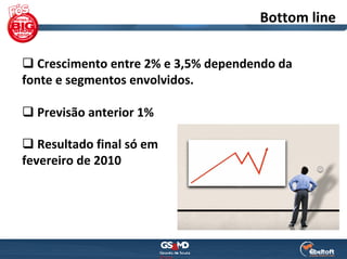 Bottom line

  Crescimento entre 2% e 3,5% dependendo da 
fonte e segmentos envolvidos. 

  Previsão anterior 1%

   Resultado final só em 
fevereiro de 2010
 
