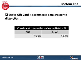 Bottom line

        Efeito Gift Card + ecommerce gera crescente 
     distorções...


                     Crescimento de vendas online no Natal  ‐ %
                            EUA                   Brasil
                                  15,5%                   28,0%




Fonte: IDG e  ebit
 