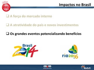 Impactos no Brasil

A força do mercado interno

A atratividade do país e novos investimentos

Os grandes eventos potencializando benefícios
 