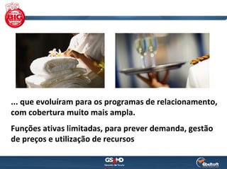 ... que evoluíram para os programas de relacionamento, 
com cobertura muito mais ampla.
Funções ativas limitadas, para prever demanda, gestão 
de preços e utilização de recursos
 