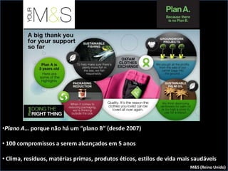 •Plano A… porque não há um “plano B” (desde 2007)

• 100 compromissos a serem alcançados em 5 anos

• Clima, resíduos, matérias primas, produtos éticos, estilos de vida mais saudáveis
                                                                        M&S (Reino Unido)
 