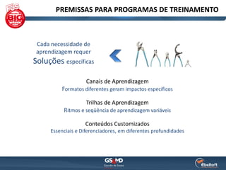 PREMISSAS PARA PROGRAMAS DE TREINAMENTO



 Cada necessidade de
 aprendizagem requer
Soluções específicas

                    Canais de Aprendizagem
         Formatos diferentes geram impactos específicos

                    Trilhas de Aprendizagem
          Ritmos e seqüência de aprendizagem variáveis

                   Conteúdos Customizados
     Essenciais e Diferenciadores, em diferentes profundidades
 