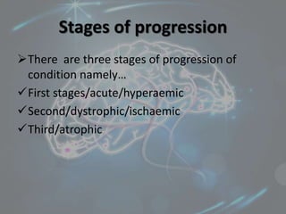 Stages of progression
There are three stages of progression of
condition namely…
First stages/acute/hyperaemic
Second/dystrophic/ischaemic
Third/atrophic
 