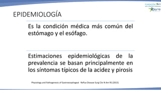 Es la condición médica más común del
estómago y el esófago.
Estimaciones epidemiológicas de la
prevalencia se basan principalmente en
los síntomas típicos de la acidez y pirosis
EPIDEMIOLOGÍA
Physiology and Pathogenesis of Gastroesophageal Reflux Disease Surg Clin N Am 95 (2015)
 
