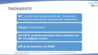 IBP: control más completo del ácido (omeprazol,
lansoprazol, pantoprazol, esomeprazol, rabeprazol).
Tiempo: 4 a 8 semanas
70 al 80 % pacientes presentan alivio completo con
IBP en esofagitis erosiva
60% de los pacientes con NERD.
TRATAMIENTO
Fuchs KH, Babic B, Breithaupt W, et al. EAES recommendations for the management of gastroesophageal reflux disease. Surg
Endosc (2014) 28:1753–1773
 