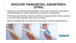 INYECCIÓN TRANSURETRAL SUBURETÉRICA
(STING)
Inyectarse un material biocompatible, como una mezcla de microesferas
de dextranómero y ácido hialurónico no animal y estabilizado.
El fármaco para formar volumen permite la coaptación del orificio ureteral
y el ureter entre paredes para evitar el reflujo.
Recurrir después de una inyección endoscópica correcta (seguimiento a
largo plazo)
Éxito 70 a 90%
 