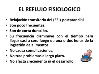 EL REFLUJO FISIOLOGICO
• Relajación transitoria del (EEI)-postprandial
• Son poco frecuentes.
• Son de corta duración.
• Su frecuencia disminuye con el tiempo para
  llegar casi a cero luego de una o dos horas de la
  ingestión de alimentos.
• No causa complicaciones.
• No trae problemas a largo plazo.
• No afecta crecimiento ni el desarrollo.
 