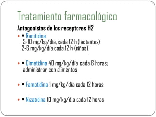 Tratamiento farmacológico
Antagonistas de los receptores H2
 • Ranitidina
5-10 mg/kg/día, cada 12 h (lactantes)
2-6 mg/kg/día cada 12 h (niños)
 • Cimetidina 40 mg/kg/día; cada 6 horas;
administrar con alimentos
 • Famotidina 1 mg/kg/día cada 12 horas
 • Nizatidina 10 mg/kg/día cada 12 horas
 