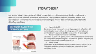 ETIOPATOGENIA
● Hipotonía del EEI
Con presión basal menor de 5 mm de Hg, que permite reflujo libre del
contenido gástrico al esófago. En este grupo existiría una buena
correlación entre la presión del EEI y la severidad de la esofagitis.
● Relajaciones transitorias del EEI (RTEEI)
Descensos bruscos y de gran duración (>10 s) de la presión esfinteriana,
son la respuesta refleja fisiológica a la distensión gástrica por gas o por
alimentos y están relacionadas con el eructo.
● Hernia Hiatal
Presente en 54-90% de los pacientes con esofagitis por reflujo y en un
76% de los pacientes con esófago de Barrett, frente a 8-60% en
individuos sanos.
SATURN
Las teorías sobre la patogenia de la ERGE han evolucionado históricamente desde aquellas que lo
relacionaban con factores puramente anatómicos, como la hernia de hiato, hasta las teorías más
recientes que señalan la disfunción del esfínter esofágico inferior (EEI) como la causa fundamental
del reflujo patológico
DISFUNCIÓN DEL ESFÍNTER
ESOFÁGICO INFERIOR
 