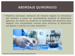  Objetivo principal: restaurar de manera segura la estructura
del esfínter o evitar su acortamiento durante la distensión
gástrica, en tanto se conserva la habilidad del paciente para
deglutir con normalidad, eructar para eliminar la distensión
por gases y vomitar en caso necesario.
ABORDAJE QUIRÚRGICO
Brunicardi et al. Schwartz. Principios de Cirugía. 9na edición. McGraw Hill
 