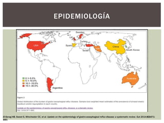 EPIDEMIOLOGÍA
El-Serag HB, Sweet S, Winchester CC, et al. Update on the epidemiology of gastro-oesophageal reflux disease: a systematic review. Gut 2014;63:871-
880.
 