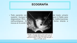 ECOGRAFÍA
• Todo paciente con RVU requiere la evaluación del tracto urinario
superior. Aunque la ecografía no es un método seguro ni fiable para
diagnosticar RVU, permite el diagnóstico precoz de malformaciones
nefrourológicas (hidronefrosis, duplicidades) de forma directa e
inocua al no emitir radiación ionizante
 
