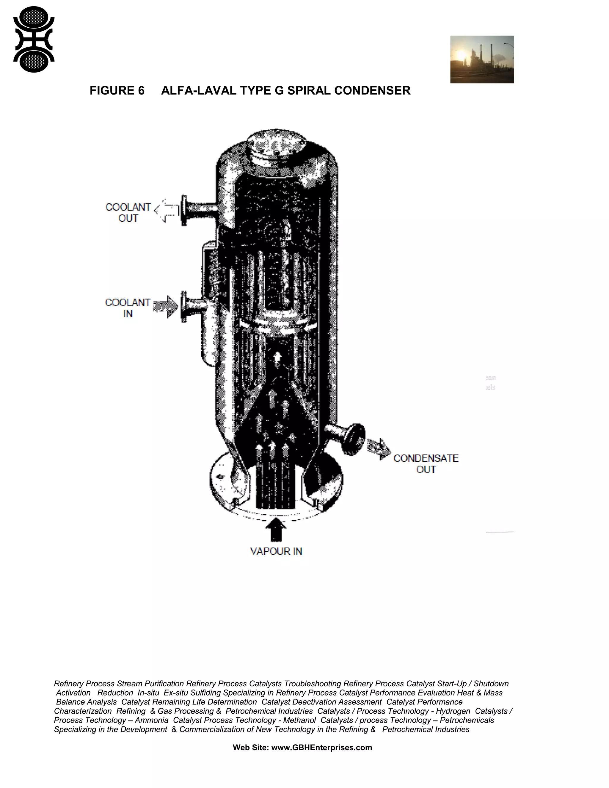 FIGURE 6

ALFA-LAVAL TYPE G SPIRAL CONDENSER

Refinery Process Stream Purification Refinery Process Catalysts Troubleshooting Refinery Process Catalyst Start-Up / Shutdown
Activation Reduction In-situ Ex-situ Sulfiding Specializing in Refinery Process Catalyst Performance Evaluation Heat & Mass
Balance Analysis Catalyst Remaining Life Determination Catalyst Deactivation Assessment Catalyst Performance
Characterization Refining & Gas Processing & Petrochemical Industries Catalysts / Process Technology - Hydrogen Catalysts /
Process Technology – Ammonia Catalyst Process Technology - Methanol Catalysts / process Technology – Petrochemicals
Specializing in the Development & Commercialization of New Technology in the Refining & Petrochemical Industries
Web Site: www.GBHEnterprises.com

 