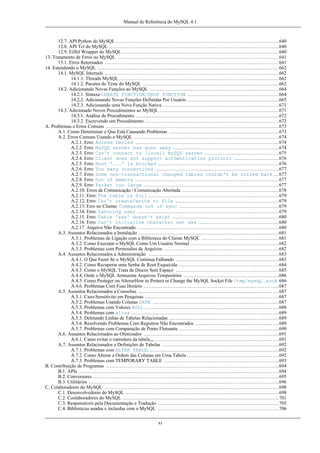 Manual de Referência do MySQL 4.1

12.7. API Python do MySQL .....................................................................................................640
12.8. API Tcl do MySQL .........................................................................................................640
12.9. Eiffel Wrapper do MySQL .................................................................................................640
13. Tratamento de Erros no MySQL ....................................................................................................641
13.1. Erros Retornados ............................................................................................................641
14. Estendendo o MySQL ................................................................................................................662
14.1. MySQL Internals ............................................................................................................662
14.1.1. Threads MySQL ...................................................................................................662
14.1.2. Pacotes de Teste do MySQL ....................................................................................662
14.2. Adicionando Novas Funções ao MySQL ................................................................................664
14.2.1. Sintaxe CREATE FUNCTION/DROP FUNCTION .........................................................664
14.2.2. Adicionando Novas Funções Definidas Por Usuário .........................................................665
14.2.3. Adicionando uma Nova Função Nativa ........................................................................671
14.3. Adicionado Novos Procedimentos ao MySQL ..........................................................................671
14.3.1. Análise de Procedimento .........................................................................................672
14.3.2. Escrevendo um Procedimento ...................................................................................672
A. Problemas e Erros Comuns ...........................................................................................................673
A.1. Como Determinar o Que Está Causando Problemas ....................................................................673
A.2. Erros Comuns Usando o MySQL ..........................................................................................674
A.2.1. Erro: Access Denied .........................................................................................674
A.2.2. Erro: MySQL server has gone away ..................................................................674
A.2.3. Erro: Can't connect to [local] MySQL server ..............................................675
A.2.4. Erro: Client does not support authentication protocol ............................676
A.2.5. Erro: Host '...' is blocked ...........................................................................676
A.2.6. Erro: Too many connections .............................................................................677
A.2.7. Erro: Some non-transactional changed tables couldn't be rolled back ...677
A.2.8. Erro: Out of memory .........................................................................................677
A.2.9. Erro: Packet too large ....................................................................................677
A.2.10. Erros de Comunicação / Comunicação Abortada ............................................................678
A.2.11. Erro: The table is full .................................................................................679
A.2.12. Erro: Can't create/write to file ................................................................679
A.2.13. Erro no Cliente: Commands out of sync ..............................................................679
A.2.14. Erro: Ignoring user ........................................................................................679
A.2.15. Erro: Table 'xxx' doesn't exist ..................................................................680
A.2.16. Erro: Can't initialize character set xxx ..................................................680
A.2.17. Arquivo Não Encontrado ........................................................................................680
A.3. Assuntos Relacionados a Instalação .......................................................................................681
A.3.1. Problemas de Ligação com a Biblioteca do Cliente MySQL ................................................681
A.3.2. Como Executar o MySQL Como Um Usuário Normal .......................................................682
A.3.3. Problemas com Permissões de Arquivos .......................................................................682
A.4. Assuntos Relacionados a Administração .................................................................................683
A.4.1. O Que Fazer Se o MySQL Continua Falhando ................................................................683
A.4.2. Como Recuperar uma Senha de Root Esquecida ..............................................................684
A.4.3. Como o MySQL Trata de Discos Sem Espaço ................................................................685
A.4.4. Onde o MySQL Armazena Arquivos Temporários ...........................................................686
A.4.5. Como Proteger ou AlterarHow to Protect or Change the MySQL Socket File /tmp/mysql.sock 686
A.4.6. Problemas Com Fuso Horário ....................................................................................687
A.5. Assuntos Relacionados a Consultas .......................................................................................687
A.5.1. Caso-Sensitivito em Pesquisas ...................................................................................687
A.5.2. Problemas Usando Colunas DATE ..............................................................................687
A.5.3. Problemas com Valores NULL ...................................................................................688
A.5.4. Problemas com alias ...........................................................................................689
A.5.5. Deletando Linhas de Tabelas Relacionadas ....................................................................689
A.5.6. Resolvendo Problemas Com Registros Não Encontrados ....................................................689
A.5.7. Problemas com Comparação de Ponto Flutuante ..............................................................690
A.6. Assuntos Relacionados ao Otimizador ....................................................................................691
A.6.1. Camo evitar o varredura da tabela,,, .............................................................................691
A.7. Assuntos Relacionados a Definições de Tabelas ........................................................................692
A.7.1. Problemas com ALTER TABLE. ................................................................................692
A.7.2. Como Alterar a Ordem das Colunas em Uma Tabela .........................................................692
A.7.3. Problemas com TEMPORARY TABLE .......................................................................693
B. Contribuição de Programas ...........................................................................................................694
B.1. APIs ............................................................................................................................694
B.2. Conversores ...................................................................................................................695
B.3. Utilitários ......................................................................................................................696
C. Colaboradores do MySQL ............................................................................................................698
C.1. Desenvolvedores do MySQL ...............................................................................................698
C.2. Coolaboradores do MySQL .................................................................................................701
C.3. Responsáveis pela Documentação e Tradução ...........................................................................705
C.4. Bibliotecas usadas e incluidas com o MySQL ...........................................................................706
xi

 