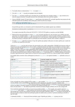Administração do Bancos de Dados MySQL

•

Você pode utilizar os metacaracteres ‘%’ e ‘_’ no campo Host.

•

Um valor Host de '%' coincide com qualquer nome de máquina.

•

Um valor Host em branco significa que o privilégio deve ser adicionado com a entrada na tabela host que coincide com o
nome de máquina fornecido. Você pode encontrar mais informações sobre isto no próximo capítulo.

•

Como no MySQL Versão 3.23, para valores Host especificados como números IP, você pode especificar uma máscara de rede
indicando quantos bits de endereço serão usados para o número da rede. Por exemplo:
mysql> GRANT ALL PRIVILEGES ON db.*
-> TO david@'192.58.197.0/255.255.255.0';

Isto permitirá que todos a se conectarem a partir de determinado IP cuja condição seguinte seja verdadeira:
IP_usuário & máscara_rede = ip_maquina.

No exemplo acima todos IPs no Intervalo 192.58.197.0 - 192.58.197.255 podem se conectar ao servidor MySQL.
•

Metacaracteres não são permitidos no campo User, mas você pode especificar um valor em branco, que combina com qualquer nome. Se a entrada na tabela user que casa com uma nova conexão tem o nome do usuário em branco, o usuário é considerado como um usuário anônimo (o usuário sem nome), em vez do nome que o cliente especificou. Isto significa que um nome
de usuário em branco é usado para todos as verificações de acessos durante a conexão. (Isto é, durante o estágio 2).

•

O campo Password pode ficar em branco. O que não significa que qualquer senha possa ser usada, significa que o usuário deve conectar sem especificar uma senha.

Valores de Password que não estão em branco são apresentados como senhas criptografadas. O MySQL não armazena senhas na
forma de texto puro para qualquer um ver. Em vez disso, a senha fornecida por um usuário que está tentando se conectar é criptografada (utilizando a função PASSWORD()). A senha criptografada é então usada quando o cliente/servidor estiver conferindo se a
senha é correta (Isto é feito sem a senha criptografada sempre trafegando sobre a conexão.) Perceba que do ponto de vista do
MySQL a senha criptografada é a senha REAL, portanto você não deve passá-la para ninguém! Em particular, não forneça a usuários normais acesso de leitura para as tabelas no banco de dados mysql! A partir da versão 4.1, o MySQL emprega um mecanismo
de senha e login diferente que é seguro mesmo se fizerem um sniff nos pacotes TCP/IP e/ou o banco de dados mysql é capturado.
Os exemplos abaixo mostram várias combinações de valores de Host e User nos registros da tabela user aplicando a novas conexões:
Valor em host

Valor em user

Conexões casadas com o registro

'thomas.loc.gov'

''

Qualquer usuário, conectando de thomas.loc.gov

'%'

'fred'

fred, conectando a partir de qualquer máquina

'%'

''

Qualquer usuário, conectando a partir de qualquer máquina

'%.loc.gov'

'fred'

fred, conectando de qualquer máquina do domínio loc.gov

'x.y.%'

'fred'

fred, conectando de x.y.net, x.y.com,x.y.edu, etc.
(Isto provavelmente não é útil)

'144.155.166.177'

'fred'

fred, conectando da máquina com endereço IP
144.155.166.177

'144.155.166.%'

'fred'

fred, conectando de qualquer máquina na subrede de classe C
144.155.166

'144.155.166.0/255.255.255.0'

'fred'

o mesmo que no exemplo anterior

Como você pode usar valores coringas de IP no campo Host (por exemplo, '144.155.166.%' combina com todas máquinas
em uma subrede), existe a possibilidade que alguém possa tentar explorar esta capacidade nomeando a máquina como
144.155.166.algumlugar.com. Para evitar tais tentativas, O MySQL desabilita a combinação com nomes de máquina que
iniciam com dígitos e um ponto. Portanto se você possui uma máquina nomeada como 1.2.foo.com, este nome nunca irá combinar com uma coluna Host das tabelas de permissões. Somente um número IP pode combinar com um valor coringa de IP.
Uma conexão de entrada pode coincidir com mais de uma entrada na tabela user. Por exemplo, uma conexão a partir de thomas.loc.gov pelo usuário fred pode combinar com diversas das entradas vistas na tabela anterior. Como o servidor escolhe
qual entrada usar se mais de uma coincide? O servidor resolve esta questão ordenando a tabela user no tempo de inicialização, depois procura pelas entradas na ordem da classificação quando um usuário tenta se conectar. A primeira entrada que coincidir é a
que será usada.
A ordenação da tabela user funciona da forma mostrada a seguir. Suponha que a tabela user se pareça com isto:
172

 