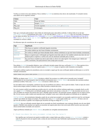 Administração do Bancos de Dados MySQL

Verifica se existem erros na(s) tabela(s). Para as tabelas MyISAM as estatísticas das chaves são atualizadas. O comando retorna
uma tabela com as seguintes colunas:
Coluna

Valor

Table

Nome da Tabela.

Op

Sempre check

Msg_type

Um dos seguintes: status, error, info, or warning

Msg_text

A mensagem

Note que a instrução pode produzir várias linhas de informações para cada tabela conferida. A última linha irá ser do tipo
Msg_type status e normalmente deve estar OK. Se você não obteve OK ou Not checked, deve ser executado, normalmente, um reparo da tabela. See Secção 4.5.6, “Utilizando myisamchk para Manutenção de Tabelas e Recuperação em Caso de Falhas”. Table is already up to date significa que o gerenciador de armazenamento para a tabela indica que não há necessidade de verificar a tabela.
Os diferentes tipos de consistências são as seguintes:
Tipo

Significado

QUICK

Não busca os registros verificando ligações incorretas.

FAST

Só confere tabelas que não foram fechadas corretamente.

CHANGED

Só verifica as tabelas que foram alteradas desde a última conferência ou que não foram fechadas corretamente.

MEDIUM

Busca os registros para verificanado que ligações removidas estão ok. Isto também calcula uma chave de conferência para os registros e verifica isto com um checksum calculado para as chaves.

EXTENDED

Faz uma busca completa nas chaves para todas as chaves em cada registro. Isto assegura que a tabela está
100% consistente, mas pode demorar muito tempo para executar!

Para tabelas MyISAM de tamanho dinâmico, uma verificação iniciada sempre fará uma verificação MEDIUM. Para registros de tamanho estático nós saltamos a busca de registros para QUICK e FAST já que os registros estão raramente corrompidos.
Você pode combinar opções de consistência como no exemplo a seguir que faz uma verificação rápida na tabela para ve se ela foi
fechada corretamente:
CHECK TABLE test_table FAST QUICK;

NOTA: em alguns casos CHECK TABLE irá alterar a tabela! Isto acontece se a tabela estiver marcada como 'corrupted'
(corrompida) ou 'not closed properly' (não foi fechada corretamente) mas o CHECK TABLE não encontrar não encontrar nenhum
problema na tabela. Neste caso, CHECK TABLE irá marcar a tabela como ok.
Se uma tabela estiver corrompida, é preferível que seja um problema nos índices e não na parte de dados. Todos os tipos de consistência acima sempre confere os índices e deve então encontrar a maioria dos erros.
Se você só quiser conferir uma tabela que acredita estar ok, você não deve utilizar nenhuma opção para o comando check ou utilizar a opção QUICK. O último deve ser utilizado quando você estiver com pressa e o rísco do QUICK não encontrar um erro no arquivo de dados for mínimo (Na maioria dos casos o MySQL pode encontrar, sob utilização normal, qualquer erro no arquivo de dados. Se isto ocorrer, então a tabela será marcada como 'corrupted', neste caso a tabela não poderá ser utilizada até ser reparada).
FAST e CHANGED são normalmente chamados a partir de um script (um exemplo é ser executado a partir do cron) Se você desejar
conferir suas tabelas de tempos em tempos. Na maioria dos casos, o FAT é uma opção melhor que CHANGED. (O único caso em
que isto não acontece é quando você suspeita que encontrou um bug no código do MyISAM.).
EXTENDED deve ser utilizado somente depois de ter executado um check normalmente, mas continuar obtendo erros de uma tabela
quando o MySQL tenta atualizar um registro ou encontrar um registro pela chave (isto seria muito difícil ocorrer caso uma conferência normal tenha executado com sucesso!).
Alguns problemas relatados por CHECK TABLE, não podem ser corrigidas automaticamente:
•

Found row where the auto_increment column has the value 0.
Isto significa que você possui um registro na tabela onde o campo índice que utiliza o recurso auto_increment contem o
valor 0. (É possível criar um registro onde a coluna de auto incremento seja 0 definindo explicitamente 0 em uma instrução
UPDATE).

198

 