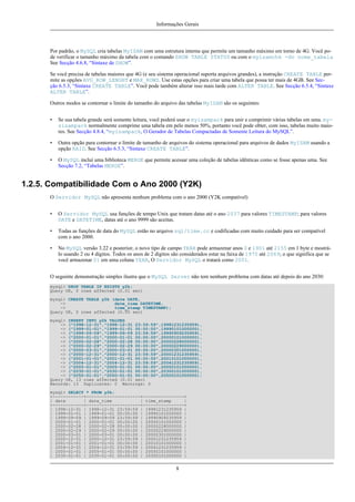 Informações Gerais

Por padrão, o MySQL cria tabelas MyISAM com uma estrutura interna que permite um tamanho máximo em torno de 4G. Você pode verificar o tamanho máximo da tabela com o comando SHOW TABLE STATUS ou com o myisamchk -dv nome_tabela
See Secção 4.6.8, “Sintaxe de SHOW”.
Se você precisa de tabelas maiores que 4G (e seu sistema operacional suporta arquivos grandes), a instrução CREATE TABLE permite as opções AVG_ROW_LENGHT e MAX_ROWS. Use estas opções para criar uma tabela que possa ter mais de 4GB. See Secção 6.5.3, “Sintaxe CREATE TABLE”. Você pode também alterar isso mais tarde com ALTER TABLE. See Secção 6.5.4, “Sintaxe
ALTER TABLE”.
Outros modos se contornar o limite do tamanho do arquivo das tabelas MyISAM são os seguintes:
•

Se sua tabela grande será somente leitura, você poderá usar o myisampack para unir e comprimir várias tabelas em uma. mysisampack normalmente comprime uma tabela em pelo menos 50%, portanto você pode obter, com isso, tabelas muito maiores. See Secção 4.8.4, “myisampack, O Gerador de Tabelas Compactadas de Somente Leitura do MySQL”.

•

Outra opção para contornar o limite de tamanho de arquivos do sistema operacional para arquivos de dados MyISAM usando a
opção RAID. See Secção 6.5.3, “Sintaxe CREATE TABLE”.

•

O MySQL incluí uma biblioteca MERGE que permite acessar uma coleção de tabelas idênticas como se fosse apenas uma. See
Secção 7.2, “Tabelas MERGE”.

1.2.5. Compatibilidade Com o Ano 2000 (Y2K)
O Servidor MySQL não apresenta nenhum problema com o ano 2000 (Y2K compatível)
•

O Servidor MySQL usa funções de tempo Unix que tratam datas até o ano 2037 para valores TIMESTAMP; para valores
DATE e DATETIME, datas até o ano 9999 são aceitas.

•

Todas as funções de data do MySQL estão no arquivo sql/time.cc e codificadas com muito cuidado para ser compatível
com o ano 2000.

•

No MySQL versão 3.22 e posterior, o novo tipo de campo YEAR pode armazenar anos 0 e 1901 até 2155 em 1 byte e mostrálo usando 2 ou 4 dígitos. Todos os anos de 2 dígitos são considerados estar na faixa de 1970 até 2069; o que significa que se
você armazenar 01 em uma coluna YEAR, O Servidor MySQL o tratará como 2001.

O seguinte demonstração simples ilustra que o MySQL Server não tem nenhum problema com datas até depois do ano 2030:
mysql> DROP TABLE IF EXISTS y2k;
Query OK, 0 rows affected (0.01 sec)
mysql> CREATE TABLE y2k (date DATE,
->
date_time DATETIME,
->
time_stamp TIMESTAMP);
Query OK, 0 rows affected (0.00 sec)
mysql> INSERT INTO y2k VALUES
-> ("1998-12-31","1998-12-31 23:59:59",19981231235959),
-> ("1999-01-01","1999-01-01 00:00:00",19990101000000),
-> ("1999-09-09","1999-09-09 23:59:59",19990909235959),
-> ("2000-01-01","2000-01-01 00:00:00",20000101000000),
-> ("2000-02-28","2000-02-28 00:00:00",20000228000000),
-> ("2000-02-29","2000-02-29 00:00:00",20000229000000),
-> ("2000-03-01","2000-03-01 00:00:00",20000301000000),
-> ("2000-12-31","2000-12-31 23:59:59",20001231235959),
-> ("2001-01-01","2001-01-01 00:00:00",20010101000000),
-> ("2004-12-31","2004-12-31 23:59:59",20041231235959),
-> ("2005-01-01","2005-01-01 00:00:00",20050101000000),
-> ("2030-01-01","2030-01-01 00:00:00",20300101000000),
-> ("2050-01-01","2050-01-01 00:00:00",20500101000000);
Query OK, 13 rows affected (0.01 sec)
Records: 13 Duplicates: 0 Warnings: 0
mysql> SELECT * FROM y2k;
+------------+---------------------+----------------+
| date
| date_time
| time_stamp
|
+------------+---------------------+----------------+
| 1998-12-31 | 1998-12-31 23:59:59 | 19981231235959 |
| 1999-01-01 | 1999-01-01 00:00:00 | 19990101000000 |
| 1999-09-09 | 1999-09-09 23:59:59 | 19990909235959 |
| 2000-01-01 | 2000-01-01 00:00:00 | 20000101000000 |
| 2000-02-28 | 2000-02-28 00:00:00 | 20000228000000 |
| 2000-02-29 | 2000-02-29 00:00:00 | 20000229000000 |
| 2000-03-01 | 2000-03-01 00:00:00 | 20000301000000 |
| 2000-12-31 | 2000-12-31 23:59:59 | 20001231235959 |
| 2001-01-01 | 2001-01-01 00:00:00 | 20010101000000 |
| 2004-12-31 | 2004-12-31 23:59:59 | 20041231235959 |
| 2005-01-01 | 2005-01-01 00:00:00 | 20050101000000 |
| 2030-01-01 | 2030-01-01 00:00:00 | 20300101000000 |

8

 