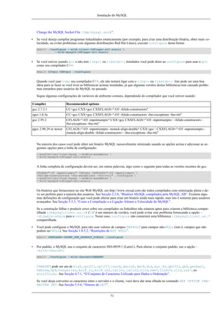 Instalação do MySQL

Change the MySQL Socket File /tmp/mysql.sock”.
•

Se você deseja compilar programas linkeditados estaticamente (por exemplo, para criar uma distribuição binária, obter mais velocidade, ou evitar problemas com algumas distribuições Red Hat Linux), execute configure desta forma:
shell> ./configure --with-client-ldflags=-all-static 
--with-mysqld-ldflags=-all-static

•

Se você estiver usando gcc e não tem libg++ ou libstdc++ instalados você pode dizer ao configure para usar o gcc
como seu compilador C++:
shell> CC=gcc CXX=gcc ./configure

Quando você usar como seu compilador C++, ele não tentará ligar com o libg++ ou libstdc++. Isto pode ser uma boa
idéia para se fazer se você tiver as bibliotecas acimas instaladas, já que algumas versões destas bibliotecas tem causado problemas estranhos para usuários do MySQL no passado.
Segue algumas configurações de variáveis de ambiente comuns, dependendo do compilador que você estiver usando:
Compiler

Recommended options

gcc 2.7.2.1

CC=gcc CXX=gcc CXXFLAGS="-O3 -felide-constructors"

egcs 1.0.3a

CC=gcc CXX=gcc CXXFLAGS="-O3 -felide-constructors -fno-exceptions -fno-rtti"

gcc 2.95.2

CFLAGS="-O3 -mpentiumpro" CXX=gcc CXXFLAGS="-O3 -mpentiumpro  -felide-constructors fno-exceptions -fno-rtti"

pgcc 2.90.29 or newer

CFLAGS="-O3 -mpentiumpro -mstack-align-double" CXX=gcc  CXXFLAGS="-O3 -mpentiumpro mstack-align-double -felide-constructors  -fno-exceptions -fno-rtti"

Na maioria dos casos você pode obter um binário MySQL razoavelmente otimizado usando as opções acima e adicionar as seguintes opções para a linha de configuração:
--prefix=/usr/local/mysql --enable-assembler 
--with-mysqld-ldflags=-all-static

A linha completa de configuração deverá ser, em outras palavras, algo como o seguinte para todas as versões recentes do gcc:
CFLAGS="-O3 -mpentiumpro" CXX=gcc CXXFLAGS="-O3 -mpentiumpro 
-felide-constructors -fno-exceptions -fno-rtti" ./configure 
--prefix=/usr/local/mysql --enable-assembler 
--with-mysqld-ldflags=-all-static

Os binários que fornecemos no site Web MySQL em http://www.mysql.com são todos compilados com otimização plena e deve ser perfeito para a maioria dos usuários. See Secção 2.2.8, “Binários MySQL compilados pela MySQL AB”. Existem algumas definições de configuração que você pode alterar para criar um binário ainda mais rápido, mas isto é somente para usuários
avançados. See Secção 5.5.3, “Como a Compilação e a Ligação Afetam a Velocidade do MySQL”.
Se a construção falhar e produzir erros sobre seu compilador ou linkeditor não estarem aptos para criarem a biblioteca compartilhada libmysqlclient.so.r# ('r#' é um número de versão), você pode evitar este problema fornecendo a opção -disable-share para o configure. Neste caso, configure não construirá uma biblioteca libmysqlclient.so.*
compartilhada.
•

Você pode configurar o MySQL para não usar valores de campos DEFAULT para campos não-NULL (isto é, campos que não
podem ser NULL). See Secção 1.8.5.2, “Restrições de NOT NULL”.
shell> CXXFLAGS=-DDONT_USE_DEFAULT_FIELDS ./configure

•

Por padrão, o MySQL usa o conjunto de caracteres ISO-8859-1 (Latin1). Para alterar o conjunto padrão, use a opção -with-charset:
shell> ./configure --with-charset=CHARSET

CHARSET pode ser um de big5, cp1251, cp1257, czech, danish, dec8, dos, euc_kr, gb2312, gbk, german1,
hebrew, hp8, hungarian, koi8_ru, koi8_ukr, latin1, latin2, sjis, swe7, tis620, ujis, usa7, ou
win1251ukr. See Secção 4.7.1, “O Conjunto de Caracteres Utilizado para Dados e Ordenação”.
Se você desja converter os caracteres entre o servidor e o cliente, você deve dar uma olhada no comando SET OPTION CHARACTER SET. See Secção 5.5.6, “Sintaxe de SET”.
71

 