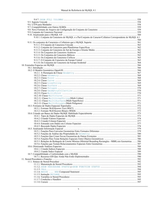 Manual de Referência do MySQL 4.1

9.4.7. SHOW FULL COLUMNS ............................................................................................... 558
9.5. Suporte Unicode ................................................................................................................... 558
9.6. UTF8 para Metdados .............................................................................................................. 558
9.7. Compatibilidade com Outros SGBDs ........................................................................................... 559
9.8. Novo Formato do Arquivo de Configuração do Conjunto de Caracteres .................................................. 559
9.9. Conjunto de Caracteres Nacional ................................................................................................ 559
9.10. Atualizando para o MySQL 4.0 ................................................................................................ 560
9.10.1. Conjunto de Caracteres do MySQL e o Par/Conjunto de Caracter/Collation Correspondente do MySQL 4.1
...................................................................................................................................... 560
9.11. Os conjuntos de Caracteres e Collations que o MySQL Suporta .......................................................... 561
9.11.1. O Conjunto de Caracteres Unicode .................................................................................. 562
9.11.2. Conjunto de Caracteres para Plataformas Específicas ............................................................ 562
9.11.3. Conjunto de Caracteres do Sul da Europa e Oriente Médio ...................................................... 562
9.11.4. Os Conjuntos de Caracteres Asiáticos .............................................................................. 562
9.11.5. Os Conjuntos de Caracteres Bálticos ................................................................................ 562
9.11.6. Os Conjuntos de Caracteres Cirílicos ............................................................................... 563
9.11.7. O Conjunto de Caracteres da Europa Central ...................................................................... 563
9.11.8. Os Conjuntos de Caracteres da Europa Ocidental ................................................................. 564
10. Extensões Espacias em MySQL .......................................................................................................... 566
10.1. Introdução ......................................................................................................................... 566
10.2. O Modelo Geomátrico OpenGIS ............................................................................................... 566
10.2.1. A Hierarquia da Classe Geometry ................................................................................. 567
10.2.2. Classe Geometry ..................................................................................................... 568
10.2.3. Classe Point .......................................................................................................... 568
10.2.4. Classe Curve .......................................................................................................... 569
10.2.5. Classe LineString ................................................................................................. 569
10.2.6. Classe Surface ....................................................................................................... 569
10.2.7. Classe Polygon ....................................................................................................... 570
10.2.8. Classe GeometryCollection ................................................................................... 570
10.2.9. Classe MultiPoint ................................................................................................. 570
10.2.10. Classe MultiCurve ................................................................................................ 571
10.2.11. Classe MultiLineString (Multi Linhas) .................................................................... 571
10.2.12. Classe MultiSurface (Multi Superfícies) .................................................................... 571
10.2.13. Classe MultiPolygon (Multi Polígonos) ...................................................................... 571
10.3. Formatos de Dados Espaciais Suportados .................................................................................... 572
10.3.1. Formato Well-Known Text (WKT) ................................................................................. 572
10.3.2. Formato Well-Known Binary (WKB) ............................................................................... 573
10.4. Criando um Banco de Dados MySQL Habilitado Espacialmente ......................................................... 573
10.4.1. Tipos de Dados Espaciais do MySQL ............................................................................... 573
10.4.2. Criando Valores Espaciais ............................................................................................ 574
10.4.3. Criando Colunas Espaciais ........................................................................................... 577
10.4.4. Entrando com Dados em Colunas Espaciais ....................................................................... 577
10.4.5. Buscando Dados Espaciais ........................................................................................... 578
10.5. Analisando Informação Espacial ............................................................................................... 579
10.5.1. Funções Para Converter Geometrias Entre Formatos Diferentes ................................................ 579
10.5.2. Funções de Análise das Propriedades de Geometry ............................................................ 580
10.5.3. Funções Que Criam Novas Geometrias de Outras Existentes ................................................... 585
10.5.4. Funções Para Testar Relações Espaciais Entre Objetos Geométricos .......................................... 586
10.5.5. Relações de Retângulo de Limite Mínimo (Minimal Bounding Rectangles - MBR) em Geometrias ...... 586
10.5.6. Funções que Testam Relacionamentos Espaciais Entre Geometrias ............................................ 587
10.6. Otimizando Análises Espaciais ................................................................................................. 588
10.6.1. Criando Índices Espaciais ............................................................................................. 588
10.6.2. Usando Índice Espacial ............................................................................................... 589
10.7. Compatibilidade e Conformidade com o MySQL ........................................................................... 590
10.7.1. Recursos GIS Que Ainda Não Estão Implementados ............................................................. 590
11. Stored Procedures e Funções .............................................................................................................. 592
11.1. Sintaxe de Stored Procedure .................................................................................................... 592
11.1.1. Manutenção de Stored Procedures ................................................................................... 592
11.1.2. SHOW PROCEDURE STATUS e SHOW FUNCTION STATUS ............................................... 594
11.1.3. CALL ..................................................................................................................... 594
11.1.4. BEGIN ... END Compound Statement .......................................................................... 595
11.1.5. Instrução DECLARE ................................................................................................... 595
11.1.6. Variables in Stored Procedures ....................................................................................... 595
11.1.7. Condições e Handlers ................................................................................................. 595
11.1.8. Cursors .................................................................................................................. 597
x

 