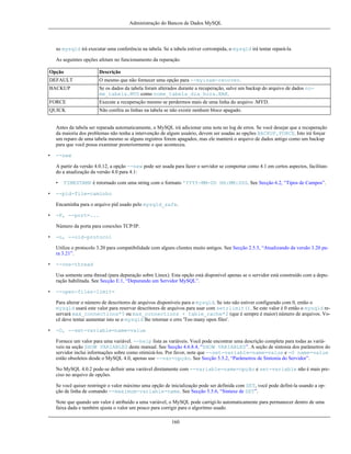 Administração do Bancos de Dados MySQL

so mysqld irá executar uma conferência na tabela. Se a tabela estiver corrompida, o mysqld irá tentar repará-la.
As seguintes opções afetam no funcionamento da reparação.
Opção

Descrição

DEFAULT

O mesmo que não fornecer uma opção para --myisam-recover.

BACKUP

Se os dados da tabela foram alterados durante a recuperação, salve um backup do arquivo de dados nome_tabela.MYD como nome_tabela_dia_hora.BAK.

FORCE

Execute a recuperação mesmo se perdermos mais de uma linha do arquivo .MYD.

QUICK

Não confira as linhas na tabela se não existir nenhum bloco apagado.

Antes da tabela ser reparada automaticamente, o MySQL irá adicionar uma nota no log de erros. Se você desejar que a recuperação
da maioria dos problemas não tenha a intervenção de algum usuário, devem ser usadas as opções BACKUP,FORCE. Isto irá forçar
um reparo de uma tabela mesmo se alguns registros forem apagados, mas ele manterá o arquivo de dados antigo como um backup
para que você possa examinar posteriormente o que aconteceu.
•

--new
A partir da versão 4.0.12, a opção --new pode ser usada para fazer o servidor se comportar como 4.1 em certos aspectos, facilitando a atualização da versão 4.0 para 4.1:
•

•

TIMESTAMP é retornado com uma string com o formato 'YYYY-MM-DD HH:MM:SSS. See Secção 6.2, “Tipos de Campos”.

--pid-file=caminho
Encaminha para o arquivo pid usado pelo mysqld_safe.

•

-P, --port=...
Número da porta para conexões TCP/IP.

•

-o, --old-protocol
Utilize o protocolo 3.20 para compatibilidade com alguns clientes muito antigos. See Secção 2.5.5, “Atualizando da versão 3.20 para 3.21”.

•

--one-thread
Usa somente uma thread (para depuração sobre Linux). Esta opção está disponível apenas se o servidor está construído com a depuração habilitada. See Secção E.1, “Depurando um Servidor MySQL”.

•

--open-files-limit=
Para alterar o número de descritores de arquivos disponíveis para o mysqld. Se isto não estiver configurado com 0, então o
mysqld usará este valor para reservar descritores de arquivos para usar com setrlimit(). Se este valor é 0 então o mysqld reservará max_connections*5 ou max_connections + table_cache*2 (que é sempre é maior) número de arquivos. Você deve tentar aumentar isto se o mysqld lhe retornar o erro 'Too many open files'.

•

-O, --set-variable=name=value
Fornece um valor para uma variável. --help lista as variáveis. Você pode encontrar uma descrição completa para todas as variáveis na seção SHOW VARIABLES deste manual. See Secção 4.6.8.4, “SHOW VARIABLES”. A seção de sintonia dos parâmetros do
servidor inclui informações sobre como otimizá-los. Por favor, note que --set-variable=name=value e -O name=value
estão obsoletos desde o MySQL 4.0, apenas use --var=opção. See Secção 5.5.2, “Parâmetros de Sintonia do Servidor”.
No MySQL 4.0.2 pode-se definir uma variável diretamente com --variable-name=opção e set-variable não é mais preciso no arquivo de opções.
Se você quiser restringir o valor máximo uma opção de inicialização pode ser definida com SET, você pode definí-la usando a opção de linha de comando --maximum-variable-name. See Secção 5.5.6, “Sintaxe de SET”.
Note que quando um valor é atribuído a uma variável, o MySQL pode carrigí-lo automaticamente para permanecer dentro de uma
faixa dada e também ajusta o valor um pouco para corrigir para o algoritmo usado.
160

 