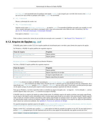 Administração do Bancos de Dados MySQL

etc/my.cnf será encontrada antes de qualques outra opção --user, o que assegura que o servidor não execute como root, e
que um aviso seja exibido se qualquer outra opção --user for encontrada.
•

-V, --version
Mostra a informação da versão e sai.

•

-W, --log-warnings
Imprime avisos como Aborted connection... no arquivo .err. É recomendável habilitar esta opção, por exemplo, se você
estiver usando replicação (você obterá a mensagem sobre o que está acontecendo como falhas de rede e reconexões). See Secção A.2.10, “Erros de Comunicação / Comunicação Abortada”.
Esta opção se chamava --warnings.

Pode se alterar a maioria dos valores de um servidor em execução com o comnado SET. See Secção 5.5.6, “Sintaxe de SET”.

4.1.2. Arquivo de Opções my.cnf
O MySQL pode, desde a versão 3.22, ler as opções padrões de inicialização para o servidor e para clientes dos arquivos de opções.
No Windows, o MySQL lê opções padrões dos seguintes arquivos:
Nome do Arquivo

Propósito

Windows-directorymy.ini

Opções globais

C:my.cnf

Opções globais

Windows-directory é a localização do seu diretório Windows.
No Unix, o MySQL lê opções padrões dos seguintes arquivos:
Nome do arquivo

Propósito

/etc/my.cnf

Opções globais

DATADIR/my.cnf

Opções específicas do servidor

defaults-extra-file

O arquivo especificado com --defaults-extra-file=#

~/.my.cnf

Opções específicas do usuário

DATADIR é o diretório de dados do MySQL (normalmente /usr/local/mysql/data para instalações binárias ou /
usr/local/var para instalações de código fonte). Perceba que este é o diretório que foi especificado na hora da configuração, não o
especificado com --datadir quando o mysqld inicia! (--datadir não tem efeito sobre o local onde o servidor procura por arquivos de opções, porque ele procura pelos arquivos antes de processar qualquer argumento da linha de comando.)
Note que no Windows, você deve especificar todos os caminhos no arquivo de opção com / no lugar de . Se for utilizado o , será necessário digitá-lo duas vezes, pois o  é o caractere de escape no MySQL.
O MySQL tenta ler os arquivos de opções na ordem listada acima. Se múltiplos arquivos de opções existirem, uma opção especificada
em um arquivo lido depois recebe a precedência sobre a mesma opção especificada em um arquivo lido anteriormente. Opções especificadas na linha de comando recebem a precedência sobre opções especificadas em qualquer arquivo de opções. Algumas opções podem
ser especificadas usando variáveis de ambiente. Opções especificadas na linha de comando ou nos arquivos de opção tem precendencia
sobre valores nas variáveis de ambiente. See Apêndice F, Variáveis de Ambientes do MySQL.
Os seguintes programas suportam arquivos de opções: mysql, mysqladmin, mysqld, mysqld_safe, mysql.server, mysqldump, mysqlimport, mysqlshow, mysqlcheck, myisamchk, e myisampack.
Desde a versão 4.0.2, você pode usar o prefixo loose para opções de linha de comando (ou opções no my.cnf). Se uma opção possui o
prefixo loose, o programa que a ler não finalizará com um erro se uma opção for desconhecida, mas apenas enviará um aviso:
shell> mysql --loose-no-such-option

164

 