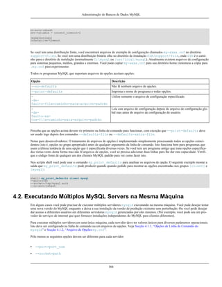 Administração do Bancos de Dados MySQL

no-auto-rehash
set-variable = connect_timeout=2
[mysqlhotcopy]
interactive-timeout

Se você tem uma distribuição fonte, você encontrará arquivos de exemplo de configuração chamados my-xxxx.cnf no diretório
support-files. Se você tem uma distribuição binária olhe no diretório de instalação DIR/support-file, onde DIR é o caminho para o diretório de instalação (normalmente C:mysql ou /usr/local/mysql). Atualmente existem arquivos de configuração
para sistemas pequenos, médios, grandes e enormes. Você pode copiar my-xxxx.cnf para seu diretório home (renomeie a cópia para
.my.cnf para experimentar.
Todos os programas MySQL que suportam arquivos de opções aceitam opções:
Opção

Descrição

--no-defaults

Não lê nenhum arquivo de opções.

--print-defaults

Imprima o nome do programa e todas opções.

-defaults-file=caminho-para-arquivo-padrão

Utilize somente o arquivo de configuração específicado.

-defaults-extra-file=caminho-para-arquivo-padrão

Leia este arquivo de configuração depois do arquivo de configuração global mas antes do arquivo de configuração do usuário.

Perceba que as opções acima devem vir primeiro na linha de comando para funcionar, com exceção que --print-defaults deve
ser usado logo depois dos comandos --defaults-file ou --defaults-extra-file.
Notas para desenvolvedores: O tratamento de arquivos de opções é implementado simplesmente processando todos as opções coincidentes (isto é, opções no grupo apropriado) antes de qualquer argumento da linha de comando. Isto funciona bem para programas que
usam a última instância de uma opção que é especificada diversas vezes. Se você tem um programa antigo que trata opções especificadas várias vezes desta forma mas não lê arquivos de opções, você só precisa adicionar duas linhas para lhe dar esta capacidade. Verifique o código fonte de qualquer um dos clientes MySQL padrão para ver como fazer isto.
Nos scripts shell você pode usar o comando my_print_defaults para analisar os arquivos de opção. O seguinte exemplo mostar a
saída que my_print_defaults pode produzir quando quando pedido para mostrar as opções encontradas nos grupos [client] e
[mysql]:
shell> my_print_defaults client mysql
--port=3306
--socket=/tmp/mysql.sock
--no-auto-rehash

4.2. Executando Múltiplos MySQL Servers na Mesma Máquina
Em alguns casos você pode precisar de executar múltiplos servidores mysqld executando na mesma máquina. Você pode desejar testar
uma nova versão do MySQL enquanto a deixa a sua instalação da versão de produção existente sem perturbação. Ou você pode desejar
dar acesso a diferentes usuários em diferentes servidores mysqld gerenciados por eles mesmos. (Por exemplo, você pode seu um provedor de serviços de internet que quer fornecer instalações independentes do MySQL para clientes diferentes).
Para executar múltiplos servidores em uma única máquina, cada servidor deve ter valores únicos para diversos parâmetros operacionais.
Isto deve ser configurado na linha de comando ou em arquivos de opções. Veja Secção 4.1.1, “Opções de Linha de Comando do
mysqld” e Secção 4.1.2, “Arquivo de Opções my.cnf”.
Pelo menos as seguintes opções devem ser diferente para cada servidor:
•

--port=port_num

•

--socket=path

166

 
