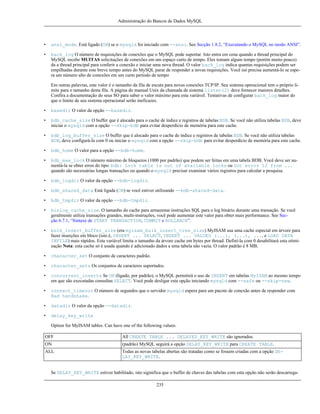 Administração do Bancos de Dados MySQL

•

ansi_mode. Está ligado (ON) se o mysqld foi iniciado com --ansi. See Secção 1.8.2, “Executando o MySQL no modo ANSI”.

•

back_log O número de requisições de conexões que o MySQL pode suportar. Isto entra em cena quando a thread principal do
MySQL recebe MUITAS solicitações de conexões em um espaço curto de tempo. Eles tomam algum tempo (porém muito pouco)
da a thread principal para conferir a conexão e iniciar uma nova thread. O valor back_log indica quantas requisições podem ser
empilhadas durante este breve tempo antes do MySQL parar de responder a novas requisições. Você isó precisa aumentá-lo se espera um número alto de conexões em um curto período de tempo
Em outras palavras, este valor é o tamanho da fila de escuta para novas conexões TCP/IP. Seu sistema operacional tem o próprio limite para o tamanho desta fila. A página do manual Unix da chamada de sistema listen(2) deve fornecer maiores detalhes.
Confira a documentação do seus SO para saber o valor máximo para esta variável. Tentativas de configurar back_log maior do
que o limite de seu sistema operacional serão ineficazes.

•

basedir O valor da opção --basedir.

•

bdb_cache_size O buffer que é alocado para o cache de índice e registros de tabelas BDB. Se você não utiliza tabelas BDB, deve
iniciar o mysqld com a opção --skip-bdb para evitar desperdício de memória para este cache.

•

bdb_log_buffer_size O buffer que é alocado para o cache de índice e registros de tabelas BDB. Se você não utiliza tabelas
BDB, deve configurá-la com 0 ou iniciar o mysqld com a opção --skip-bdb para evitar desperdício de memória para este cache.

•

bdb_home O valor para a opção --bdb-home.

•

bdb_max_lock O número máximo de bloqueios (1000 por padrão) que podem ser feitas em uma tabela BDB. Você deve ser aumentá-la se obter erros do tipo: bdb: Lock table is out of available locks ou Got error 12 from ...
quando são necessárias longas transações ou quando o mysqld precisar examinar vários registros para calcular a pesquisa.

•

bdb_logdir O valor da opção --bdb-logdir.

•

bdb_shared_data Está ligada (ON) se você estiver utilizando --bdb-shared-data.

•

bdb_tmpdir O valor da opção --bdb-tmpdir.

•

binlog_cache_size. O tamanho do cache para armazenar instruções SQL para o log binário durante uma transação. Se você
geralmente utiliza transações grandes, multi-instruções, você pode aumentar este valor para obter mais performance. See Secção 6.7.1, “Sintaxe de START TRANSACTION, COMMIT e ROLLBACK”.

•

bulk_insert_buffer_size (era myisam_bulk_insert_tree_size) MyISAM usa uma cache especial em árvore para
fazer inserções em bloco (isto é, INSERT ... SELECT, INSERT ... VALUES (...), (...), ..., e LOAD DATA
INFILE) mais rápidos. Esta variável limita o tamanho da árvore cache em bytes por thread. Definí-la com 0 desabilitará esta otimização Nota: esta cache só é usada quando é adicionado dados a uma tabela não vazia. O valor padrão é 8 MB.

•

character_set O conjunto de caracteres padrão.

•

character_sets Os conjuntos de caracteres suportados.

•

concurrent_inserts Se ON (ligado, por padrão), o MySQL permitirá o uso de INSERT em tabelas MyISAM ao mesmo tempo
em que são executadas consultas SELECT. Você pode desligar esta opção iniciando mysqld com --safe ou --skip-new.

•

connect_timeout O número de segundos que o servidor mysqld espera para um pacote de conexão antes de responder com
Bad handshake.

•

datadir O valor da opção --datadir.

•

delay_key_write
Option for MyISAM tables. Can have one of the following values:

OFF

All CREATE TABLE ... DELAYED_KEY_WRITE são ignorados.

ON

(padrão) MySQL seguirá a opção DELAY_KEY_WRITE para CREATE TABLE.

ALL

Todas as novas tabelas abertas são tratadas como se fossem criadas com a opção DELAY_KEY_WRITE.

Se DELAY_KEY_WRITE estiver habilitado, isto siginifica que o buffer de chaves das tabelas com esta opção não serão descarrega235

 