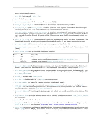 Administração do Bancos de Dados MySQL

alterar o número de arquivos abertos.
•

pid_file O valor da opção --pid-file.

•

port O valor da opcao --port.

•

protocol_version A versão do protocolo usada pelo servidor MySQL.

•

range_alloc_block_size Tamanho dos blocos que são alocados ao se fazer uma otimização da faixa.

•

read_buffer_size (era record_buffer) Cada thread que faz uma leitura sequencial aloca um buffer deste tamanho para
cada tabela lida. Se você fizer várias leituras sequenciais, você pode desejar aumentar este valor.

•

read_rnd_buffer_ae (era record_rnd_buffer) Ao ler registros na ordem depois de uma ordenação, os registros são lidos
através deste buffer para evitar pesquisas em disco. Pode melhorar bastante o ORDER BY se configurado com um valor alto. Como
esta é uma variável específica da thread, não se pode definí-la globalmente, mas apenas alterá-la ao executar alguma consulta específica grande.

•

query_alloc_block_size Tamanho dos blocos de alocação de memória que são alocados para objetos criados durante a análise e execução da consulta. Se você tiver problemas com fragmentação de memória ele pode ajudar a aumentar isto um pouco.

•

query_cache_limit Não armazena resultados que são maiores que esta variável. (Padrão 1M).

•

query_cache_size A memória alocada para armazenar resultados de consultas antigas. Se 0, a cache de consulta é desabilitada
(padrãot).

•

query_cache_type Pode ser configurado com (somente numérico)

Valor

Alias

Comentário

0

OFF

Não armazena ou recupera resultados

1

ON

Armazena todos os resultados exceto consultas SELECT SQL_NO_CACHE ....

2

DEMAND

Armazena apenas consultas SELECT SQL_CACHE ....

•

query_prealloc_size Buffer persistente para análise e execução da consulta. Não é liberado entre consultas. Em teoria, tornando-o ``grande o suficiente'' você pode fazer o MySQL executar consultas sem ter que fazer uma única chamada malloc.

•

safe_show_database Não exibe bancos de dados nos quais o usuário não tem nenhum privilégios. Isto pode melhorar a segurança se você se preocupa com o fato das pessoas estarem aptas a ver quais bancos de dados outros usuários possuem. Veja também
skip_show_databases.

•

server_id O valor da opção --server-id.

•

skip_locking Está desligado (OFF) se o mysqld usar bloqueio externo.

•

skip_networking Está ligado (ON) se somente permitimos conexões locais (socket).

•

skip_show_databases Isto previne usuários de fazerem SHOW DATABASES se eles não possuirem o privilégio PROCESS_PRIV. Isto pode aumentar a segurança se você se preocupa com o fato das pessoas poderem ver quais bancos de dados outros usuários possuem. Veja também safe_show_databases.

•

slave_net_timeout Número de segundos para esperar por mais dados de uma conexão de master/slave antes de abortar a leitura.

•

slow_launch_time Se a criação de threads demorar mais que este valor (em segundos), o contador Slow_launch_threads
será incrementado.

•

socket O socket Unix utilizado pelo servidor.

•

sort_buffer Cada thread que precisar fazer uma ordenação aloca um buffer deste tamanho. Aumente este valor para operações
ORDER BY ou GROUP BY mais rápidas. See Secção A.4.4, “Onde o MySQL Armazena Arquivos Temporários”.

•

table_cache O número de tabelas abertas para todas as threads. Aumentar este valor aumenta o número de descritores de arquivos que o mysql necessita. O MySQL precisa de dois descritores de arquivos para cada tabela única aberta. Veja abaixo os comen239

 