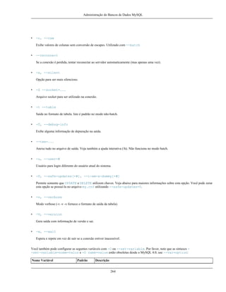 Administração do Bancos de Dados MySQL

•

-r, --raw
Exibe valores de colunas sem conversão de escapes. Utilizado com --batch

•

--reconnect
Se a conexão é perdida, tentar reconectar ao servidor automaticamente (mas apenas uma vez).

•

-s, --silent
Opção para ser mais silencioso.

•

-S --socket=...
Arquivo socket para ser utilizado na conexão.

•

-t --table
Saída no formato de tabela. Isto é padrão no modo não-batch.

•

-T, --debug-info
Exibe alguma informação de depuração na saída.

•

--tee=...
Anexa tudo no arquivo de saída. Veja também a ajuda interativa (h). Não funciona no modo batch.

•

-u, --user=#
Usuário para login diferente do usuário atual do sistema.

•

-U, --safe-updates[=#], --i-am-a-dummy[=#]
Permite somente que UPDATE e DELETE utilizem chaves. Veja abaixo para maiores informações sobre esta opção. Você pode zerar
esta opção se possui-la no arquivo my.cnf utilizando --safe-updates=0.

•

-v, --verbose
Modo verbose (-v -v -v fornece o formato de saída da tabela).

•

-V, --version
Gera saída com informação de versão e sai.

•

-w, --wait
Espera e repete em vez de sair se a conexão estiver inacessível.

Você também pode configurar as seguntes variáveis com -O ou --set-variable. Por favor, note que as sintaxes -set-variable=nome=valor e -O name=value estão obsoletas desde o MySQL 4.0, use --var=option:
Nome Variável

Padrão

Descrição
264

 