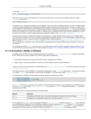 Instalação do MySQL

vez da opção --install.
shell> C:mysqlbinmysqld --install-manual

Para remover um serviço que está instalado como um serviço, primeiro pare-o se ele estiver em execução. Então use a opção -remove para removê-lo:
shell> mysqld --remove

Um problema com a finalização automática do serviço MySQL é que, para versões do MySQL anteriores a 3.23.49, o Windows esparava apenas por alguns segundos para o desligamento completo, e matava os processos do servidor de banco de dados se o tempo limite
fosse excedido. Isto potencialmente causava problemas. (Por exemplo, o mecanimo de armazenamento InnoDB deverá fazer uma recuperação de falhas na próxima inicialização). A partir do MySQL 3.23.49, o Windows irá esperar mais para que a finalização do MySQL
Server esteja completa. Se você notar que ainda não é o suficiente para a sua instalação, não é seguro executar o MySQL Server como
um serviço. Em vez disso, execute-o a partir do prompt de comando, e finalize-o com mysqladmin shutdown.
A alteração para avisar para o Windows para esperar mais quando parar o servidor MySQL funciona apenas com o Windows 2000 e
XP, mas não para o Windows NT. No NT, o Windows espera apenas 20 segundos para que o serviço seja finalizado, e depois desso ele
mata o processo do serviço. Você pode aumentar este padrão abrindo o Editor de Registro (winntsystem32regedt32.exe) e
editar o valor de WaitToKillServiceTimeout em HKEY_LOCAL_MACHINESYSTEMCurrentControlSetControl
na árvore do Registro. Especifique o novo valor mais largo em milisegundos (por exemplo 12000 para que o Windows NT espere até
120 segundos).
Se você não quiser iniciar o mysqld como um serviço, você pode iniciá-lo a partir da linha de comando do mesmo modo que em versões do Windows que não são baseados no NT. Para instruções use Secção 2.1.1.6, “Iniciando o MySQL no Windows 95, 98, ou Me”.

2.1.1.8. Executando o MySQL no Windows
O MySQL suporta TCP/IP em todas as plataformas Windows. Os servidores mysqld-nt e mysql-max-nt suportam named pipes
no NT, 2000 e XP. No entanto, o padrão é usar TCP/IP, independente da plataforma:
•

Named pipes é atualmente mais lento que TCP/IP em muitas configurações do Windows.

•

Alguns usuários encontraram problemas ao finalizar o servidor MySQL quando era usado named pipes.

A partir da versão 3.23.50, named pipes só está habilitado para o mysqld-nt e mysql-max-nt se eles forem iniciados com a opção
--enable-named-pipe.
Você pode forçar que um cliente MySQL use named pipes especificando a opção --pipe ou especificando . como nome de máquina.
Use a opção --socket para especificar o nome do pipe. No MySQL 4.1, você deve usar a opção --protocol=PIPE.
Você pode testar se o MySQL está funcionando executando qualquer dos seguintes comandos:
C:>
C:>
C:>
C:>

C:mysqlbinmysqlshow
C:mysqlbinmysqlshow -u root mysql
C:mysqlbinmysqladmin version status proc
C:mysqlbinmysql test

Se o mysqld está lento para responder a suas conexões no Win95/Win98, provavelmente existe um problema com seu DNS. Neste caso, inicie o mysqld com a opção --skip-name-resolve e use somente localhost e números IP na coluna Host das tabelas
de permissões do MySQL.
Existem duas versões da ferramenta de linha de comando MySQL:
Binario

Descrição

mysql

Compilado em Windows nativo, oferecendo capacidades de edição de texto muito limitadas.

mysqlc

Compilado com o compilador Cygnus GNU, que oferece edição readline.

Se você desejar usar o mysqlc, deve ter uma cópia da biblioteca cygwinb19.dll em algum lugar que o mysqlc possa encontrá-la.
Se sua distribuição do MySQL não tiver esta biblioteca instalada no mesmo diretório que o mysqlc (o diretório bin sob o diretório
base sa dua instalação do MySQL). Se sua distribuição não tem a biblioteca cygwinb19.dll no diretório bin, olhe no diretório lib
para encontrá-lo e copiá-lo para o seu diretório de sistema no Windows. (Windowssystem ou um lugar parecido).
51

 