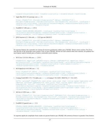 Instalação do MySQL

-enable-thread-safe-client --enable-local-infile --disable-shared --with-innodb
•

Apple Mac OS X 10.2 powerpc com gcc 3.1
CC=gcc CFLAGS="-O3 -fno-omit-frame-pointer" CXX=gcc CXXFLAGS="-O3 fno-omit-frame-pointer -felide-constructors -fno-exceptions -fno-rtti" ./configure -prefix=/usr/local/mysql --with-extra-charsets=complex --enable-thread-safe-client -enable-local-infile --disable-shared

•

FreeBSD 4.7 i386 com gcc 2.95.4
CFLAGS=-DHAVE_BROKEN_REALPATH ./configure --prefix=/usr/local/mysql -with-extra-charsets=complex --enable-thread-safe-client --enable-local-infile -enable-assembler --with-named-z-libs=not-used --disable-shared

•

QNX Neutrino 6.2.1 i386 with gcc 2.95.3qnx-nto 20010315
CC=gcc CFLAGS="-O3 -fno-omit-frame-pointer" CXX=gcc CXXFLAGS="-O3 fno-omit-frame-pointer -felide-constructors -fno-exceptions -fno-rtti" ./configure -prefix=/usr/local/mysql --with-extra-charsets=complex --enable-thread-safe-client -enable-local-infile --disable-shared

Os seguintes binários são contruídos em sistemas de terceiros gentilmente cedidos para a MySQL AB pou outros usuários. Pou favor,
note que eles só são fornecidos como cortesia. Uma vez que a MySQL AB não tem total controle sobre estes sistemas, nós podemos fornecer apenas suporte limitado para os binários construídos nestes sistemas.
•

SCO Unix 3.2v5.0.6 i386 com gcc 2.95.3
CFLAGS="-O3 -mpentium" LDFLAGS=-static CXX=gcc CXXFLAGS="-O3 -mpentium -felide-constructors" ./configure --prefix=/usr/local/mysql --with-extra-charsets=complex -enable-thread-safe-client --enable-local-infile --with-named-z-libs=no -enable-thread-safe-client --disable-shared

•

SCO OpenUnix 8.0.0 i386 com CC 3.2
CC=cc CFLAGS="-O" CXX=CC ./configure --prefix=/usr/local/mysql -with-extra-charsets=complex --enable-thread-safe-client --enable-local-infile -with-named-z-libs=no --enable-thread-safe-client --disable-shared

•

Compaq Tru64 OSF/1 V5.1 732 alpha com cc/cxx (Compaq C V6.3-029i / DIGITAL C++ V6.1-027)
CC="cc -pthread" CFLAGS="-O4 -ansi_alias -ansi_args -fast -inline speed -speculate all"
CXX="cxx -pthread" CXXFLAGS="-O4 -ansi_alias -fast -inline speed -speculate all noexceptions -nortti" ./configure --prefix=/usr/local/mysql -with-extra-charsets=complex --enable-thread-safe-client --enable-local-infile -with-prefix=/usr/local/mysql --with-named-thread-libs="-lpthread -lmach -lexc -lc" -disable-shared --with-mysqld-ldflags=-all-static

•

SGI Irix 6.5 IP32 com gcc 3.0.1
CC=gcc CFLAGS="-O3 -fno-omit-frame-pointer" CXXFLAGS="-O3 -fno-omit-frame-pointer felide-constructors -fno-exceptions -fno-rtti" ./configure --prefix=/usr/local/mysql -with-extra-charsets=complex --enable-thread-safe-client --enable-local-infile -disable-shared

•

FreeBSD 5.0 sparc64 com gcc 3.2.1
CFLAGS=-DHAVE_BROKEN_REALPATH ./configure --prefix=/usr/local/mysql -localstatedir=/usr/local/mysql/data --libexecdir=/usr/local/mysql/bin -with-extra-charsets=complex --enable-thread-safe-client --enable-local-infile -disable-shared --with-innodb

As seguintes opções de compilação foram usadas nos pacotes binários que a MySQL AB costumava fornecer no passado. Estes binários
67

 
