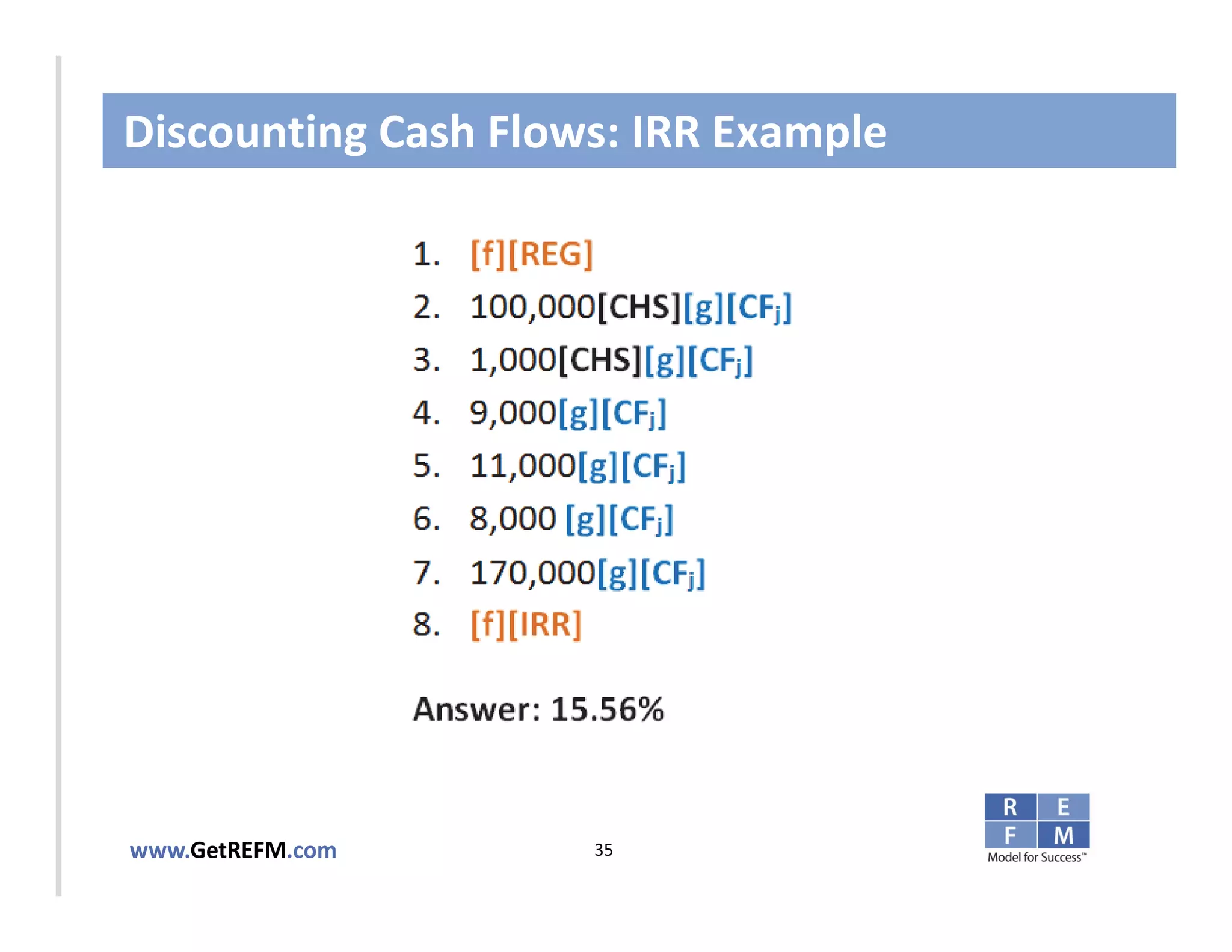 Discounting Cash Flows: IRR Example



CLICK TO EDIT MASTER TITLE STYLE




www.GetREFM.com         35
 