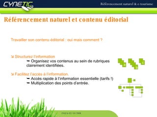 Référencement naturel et contenu éditorial Référencement naturel & e-tourisme PAU le 02/10/2008 Travailler son contenu éditorial : oui mais comment ?    Structurez l’information   Organisez vos contenus au sein de rubriques  clairement identifiées.    Facilitez l’accès à l’information.     Accès rapide à l’information essentielle (tarifs !)   Multiplication des points d’entrée. a c b 