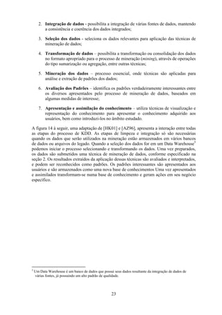 23
2. Integração de dados - possibilita a integração de várias fontes de dados, mantendo
a consistência e coerência dos dados integrados;
3. Seleção dos dados - seleciona os dados relevantes para aplicação das técnicas de
mineração de dados;
4. Transformação de dados – possibilita a transformação ou consolidação dos dados
no formato apropriado para o processo de mineração (mining), através de operações
do tipo sumarização ou agregação, entre outras técnicas;
5. Mineração dos dados – processo essencial, onde técnicas são aplicadas para
análise e extração de padrões dos dados;
6. Avaliação dos Padrões – identifica os padrões verdadeiramente interessantes entre
os diversos apresentados pelo processo de mineração de dados, baseados em
algumas medidas de interesse;
7. Apresentação e assimilação do conhecimento – utiliza técnicas de visualização e
representação do conhecimento para apresentar o conhecimento adquirido aos
usuários, bem como introduzi-los no âmbito estudado.
A figura 14 à seguir, uma adaptação de [HK01] e [AZ96], apresenta a interação entre todas
as etapas do processo de KDD. As etapas de limpeza e integração só são necessárias
quando os dados que serão utilizados na mineração estão armazenados em vários bancos
de dados ou arquivos do legado. Quando a seleção dos dados for em um Data Warehouse5
podemos iniciar o processo selecionando e transformando os dados. Uma vez preparados,
os dados são submetidos uma técnica de mineração de dados, conforme especificado na
seção 2. Os resultados extraídos da aplicação dessas técnicas são avaliados e interpretados,
e podem ser reconhecidos como padrões. Os padrões interessantes são apresentados aos
usuários e são armazenados como uma nova base de conhecimentos Uma vez apresentados
e assimilados transformam-se numa base de conhecimento e geram ações em seu negócio
específico.
5
Um Data Warehouse é um banco de dados que possui seus dados resultante da integração de dados de
várias fontes, já possuindo um alto padrão de qualidade.
 