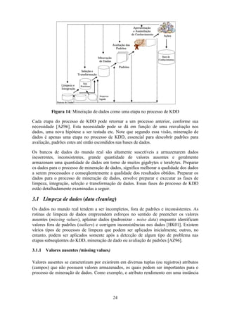 24
Figura 14: Mineração de dados como uma etapa no processo de KDD
Cada etapa do processo de KDD pode retornar a um processo anterior, conforme sua
necessidade [AZ96]. Esta necessidade pode se dá em função de uma reavaliação nos
dados, uma nova hipótese a ser testada etc. Note que segundo essa visão, mineração de
dados é apenas uma etapa no processo de KDD, essencial para descobrir padrões para
avaliação, padrões estes até então escondidos nas bases de dados.
Os bancos de dados do mundo real são altamente suscetíveis a armazenarem dados
incoerentes, inconsistentes, grande quantidade de valores ausentes e geralmente
armazenam uma quantidade de dados em torno de muitos gigabytes e terabytes. Preparar
os dados para o processo de mineração de dados, significa melhorar a qualidade dos dados
a serem processados e conseqüentemente a qualidade dos resultados obtidos. Preparar os
dados para o processo de mineração de dados, envolve preparar e executar as fases de
limpeza, integração, seleção e transformação de dados. Essas fases do processo de KDD
estão detalhadamente examinadas a seguir.
3.1 Limpeza de dados (data cleaning)
Os dados no mundo real tendem a ser incompletos, fora de padrões e inconsistentes. As
rotinas de limpeza de dados empreendem esforços no sentido de preencher os valores
ausentes (missing values), aplainar dados (padronizar - noise data) enquanto identificam
valores fora de padrões (outliers) e corrigem inconsistências nos dados [HK01]. Existem
vários tipos de processos de limpeza que podem ser aplicados inicialmente, outros, no
entanto, podem ser aplicados somente após a detecção de algum tipo de problema nas
etapas subseqüentes do KDD, mineração de dado ou avaliação de padrões [AZ96].
3.1.1 Valores ausentes (missing values)
Valores ausentes se caracterizam por existirem em diversas tuplas (ou registros) atributos
(campos) que não possuem valores armazenados, os quais podem ser importantes para o
processo de mineração de dados. Como exemplo, o atributo rendimento em uma instância
Bancos de Dados
Limpeza e
Integração
Seleção e
Transformação
Mineração
de Dados
Avaliação dos
Padrões
Padrões
Apresentação
e Assimilação
do Conhecimento
Ações
Data
Warehouse
Base de
Conhecimentos
Arquivos
legado
Bancos de Dados
Limpeza e
Integração
Seleção e
Transformação
Mineração
de Dados
Avaliação dos
Padrões
Padrões
Apresentação
e Assimilação
do Conhecimento
Ações
Data
Warehouse
Base de
Conhecimentos
Arquivos
legado
Bancos de Dados
Limpeza e
Integração
Seleção e
Transformação
Mineração
de Dados
Avaliação dos
Padrões
Padrões
Apresentação
e Assimilação
do Conhecimento
Ações
Data
Warehouse
Base de
Conhecimentos
Arquivos
legado
 