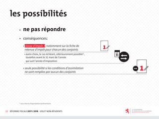 22 RÉFORME FISCALE 2017 / 2018 - VOLET NON-RÉSIDENTS
les possibilités
◆ ne pas répondre
◆ conséquences:
› classe d’impôt 1, notamment sur la fiche de
retenue d’impôt pour chacun des conjoints
• autre choix, le cas échéant, ultérieurement possible1)
,
toutefois avant le 31 mars de l’année
qui suit l’année d’imposition
› seule possibilité si les conditions d’assimilation
ne sont remplies par aucun des conjoints
1)
sous réserve d’approbation parlementaire
 