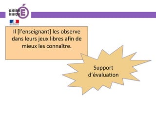 Il	[l’enseignant]	les	observe	
dans	leurs	jeux	libres	aﬁn	de	
mieux	les	connaître.	
Support	
d’évalua0on	
 