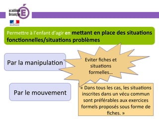 Perme^re	à	l’enfant	d’agir	en	meOant	en	place	des	situa.ons	
fonc.onnelles/situa.ons	problèmes	
«	Dans	tous	les	cas,	les	situa0ons	
inscrites	dans	un	vécu	commun	
sont	préférables	aux	exercices	
formels	proposés	sous	forme	de	
ﬁches.	»	
Par	la	manipula0on	 Eviter	ﬁches	et	
situa0ons	
formelles…	
Par	le	mouvement	
 