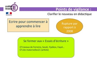 Points	de	vigilance	:	
Clariﬁer	le	nouveau	en	didac0que	
Ecrire	pour	commencer	à	
apprendre	à	lire	
Rupture	par	
rapport	à	
2008	
Se	former	aux	«	Essais	d’écriture	»	
	
Cf	travaux	de	Ferreiro,	Soulé,	Fijalkov,	Fayol…	
Cf	site	maternelles21	(ar0cle)	
 