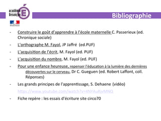 Bibliographie	
-  Construire	le	goût	d’apprendre	à	l’école	maternelle	C.	Passerieux	(ed.	
Chronique	sociale)	
-  L’orthographe	M.	Fayol,	JP	Jaﬀré		(ed.PUF)	
-  L’acquisi0on	de	l’écrit,	M.	Fayol	(ed.	PUF)	
-  L’acquisi0on	du	nombre,	M.	Fayol	(ed.	PUF)	
-  Pour	une	enfance	heureuse,	repenser	l’éduca0on	à	la	lumière	des	dernières	
	découvertes	sur	le	cerveau,	Dr	C.	Gueguen	(ed.	Robert	Laﬀont,	coll.	
	Réponses)	
-  Les	grands	principes	de	l'appren0ssage,	S.	Dehaene	(vidéo)		
	h^ps://www.youtube.com/watch?v=4NYAuRjvMNQ	
-  Fiche	repère	:	les	essais	d’écriture	site	circo70	
	
 