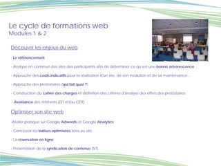 Le cycle de formations web
Modules 1 & 2

Découvrir les enjeux du web

- Le référencement

- Analyse en commun des sites des participants afin de déterminer ce qu’est une bonne arborescence

- Approche des coûts indicatifs pour la réalisation d'un site, de son évolution et de sa maintenance...

- Approche des prestataires (qui fait quoi ?)

- Construction du cahier des charges et définition des critères d'analyse des offres des prestataires

 - Assistance des référents (OT et/ou CDT)

Optimiser son site web

-Atelier pratique sur Google Adwords et Google Analytics

- Concevoir les balises optimisées liées au site

- La réservation en ligne

- Présentation de la syndication de contenus (SIT)
 
