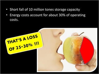 • Short fall of 10 million tones storage capacity
• Energy costs account for about 30% of operating
costs.

7

 