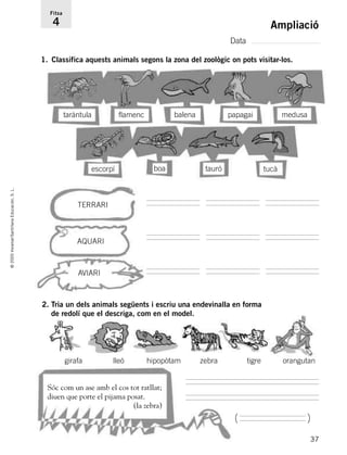 37
©2005Voramar/SantillanaEducación,S.L.
Ampliació
Data
Fitxa
4
1. Classifica aquests animals segons la zona del zoològic on pots visitar-los.
boa tauró tucà
balena
escorpí
medusataràntula papagaiflamenc
TERRARI
AQUARI
AVIARI
girafa lleó hipopòtam zebra tigre orangutan
2. Tria un dels animals següents i escriu una endevinalla en forma
de redolí que el descriga, com en el model.
Sóc com un ase amb el cos tot ratllat;
diuen que porte el pijama posat.
(la zebra)
( )
785385 _ 0001-0048.qxd 20/12/04 17:38 Página 37
 