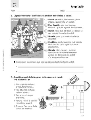 47
©2005Voramar/SantillanaEducación,S.L.
Ampliació
Nom Data
Fitxa
14
1. Llig les definicions i identifica cada element de l’entrada al castell.
2. Ompli l’encreuat d’oficis que es podien exercir al castell.
Tots acaben en -er.
1. Feia objectes de ferro:
armes, ferramentes…
2. Feia objectes de fusta:
mobles, portes…
3. Preparava el menjar
a la cuina.
4. Portava l’escut al cavaller
i era el seu servent.
5. Emprava l’arc per a lluitar
contra els enemics.
■ Escriu dues oracions en què aparega algun dels elements del castell.
•
•
5
1
▼
3
▼
2
▼
▼
4
▼
Fossat: excavació, normalment plena
d’aigua, que envolta un castell.
Pont llevadís: pont que travessa
el fossat i que pot alçar-se amb cadenes.
Rastell: reixa que pot alçar-se i baixar-se
per protegir l’entrada al castell.
Muralla: paret que envolta i defensa
el castell.
Espitllera: obertura vertical molt estreta
de la muralla per a vigilar i disparar
als enemics.
Merlets: pilars menuts i quadrats
que coronen la muralla i serveixen
perquè els defensors del castell
s’hi amaguen al darrere.
1
2
3
4
5
6
785385 _ 0001-0048.qxd 20/12/04 17:38 Página 47
 
