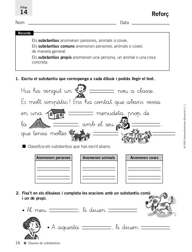 16
©2005Voramar/SantillanaEducación,S.L.
â Classes de substantius
Reforç
Nom Data
Fitxa
14
Recorda
Els substantius anomene...